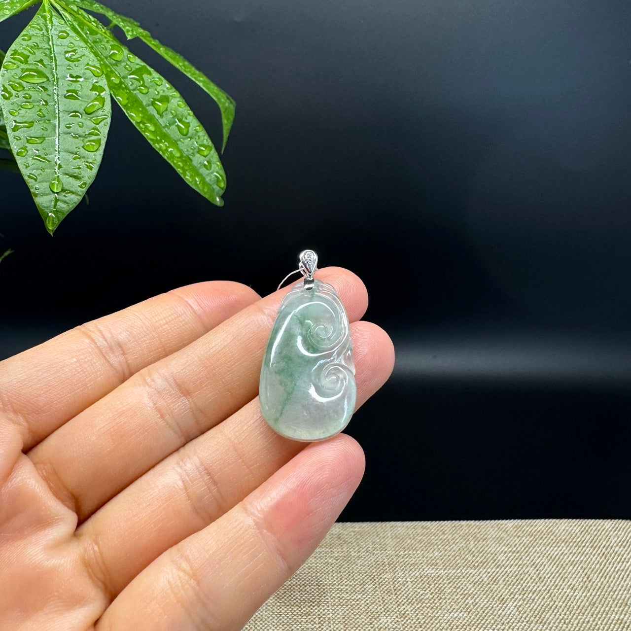 RealJade® Co. Genuine Icy Green Jadeite Jade Good Luck RuYi Necklace With 18K  White Gold Bail