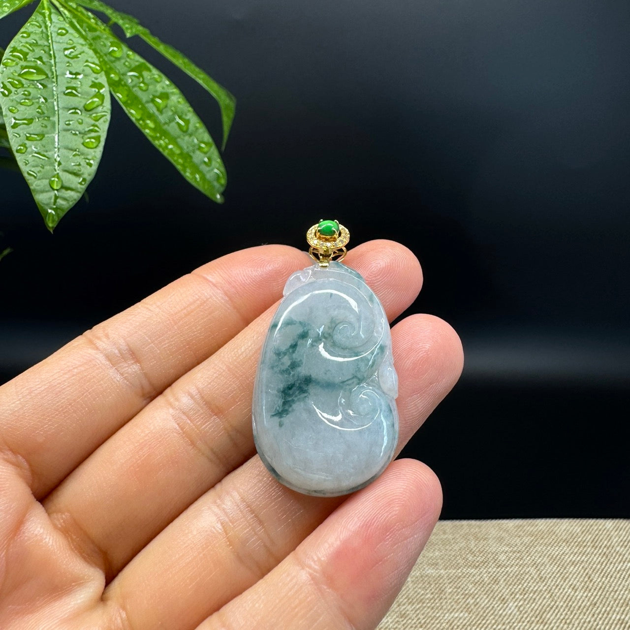 RealJade® Co. Genuine Blue Green Jadeite Jade Good Luck RuYi Necklace With 18K Yellow Gold Bail