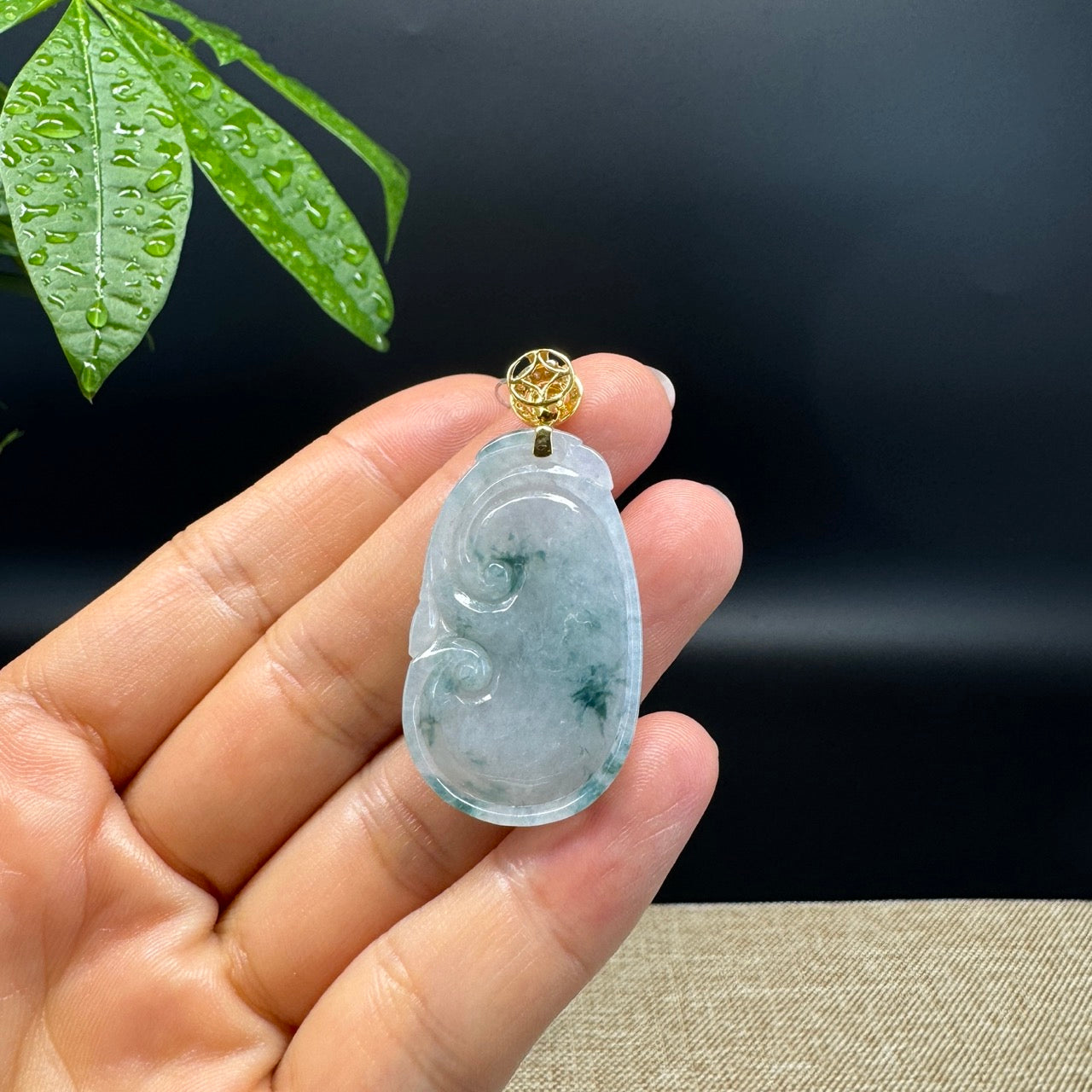 RealJade® Co. Genuine Blue Green Jadeite Jade Good Luck RuYi Necklace With 18K Yellow Gold Bail