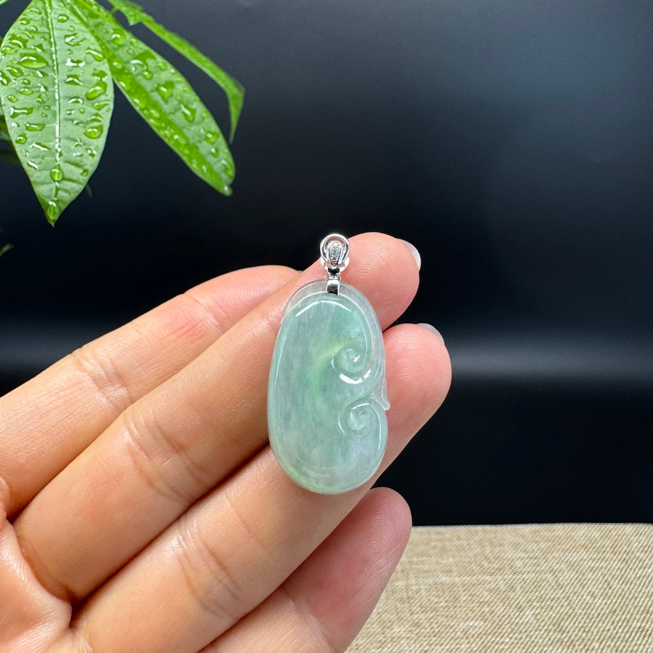 RealJade® Co. Genuine Icy Green Jadeite Jade Good Luck RuYi Necklace With 18K  White Gold Bail