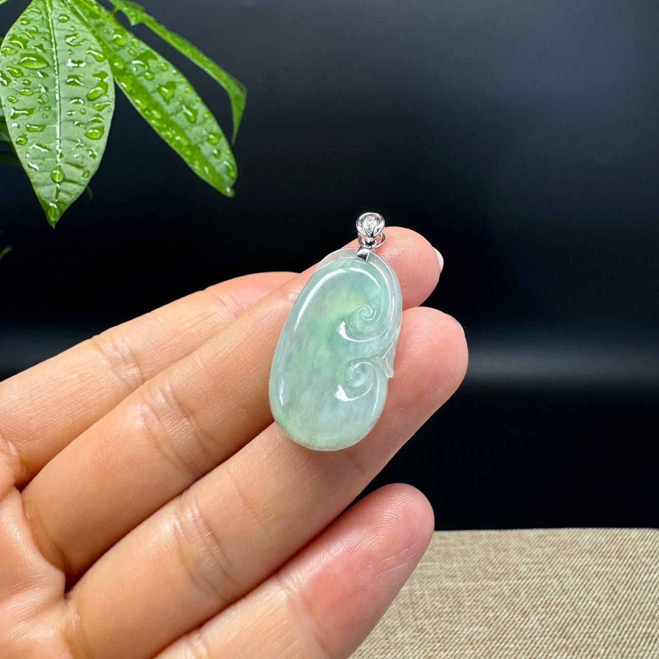 RealJade® Co. Genuine Icy Green Jadeite Jade Good Luck RuYi Necklace With 18K  White Gold Bail