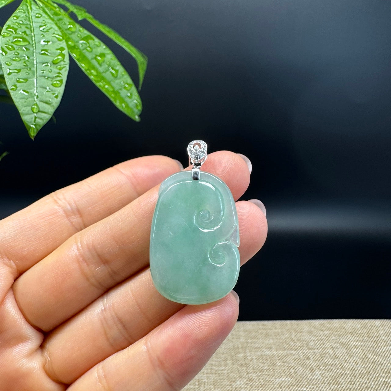 RealJade® Co. Genuine Icy Green Jadeite Jade Good Luck RuYi Necklace With 18K  White Gold Bail