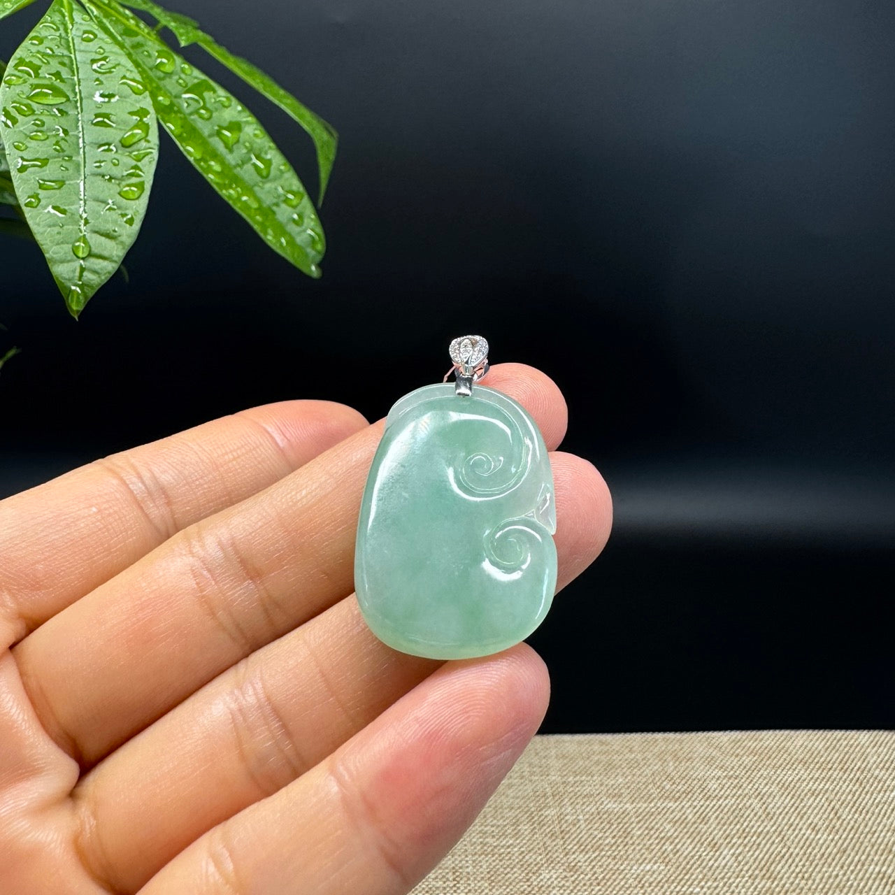 RealJade® Co. Genuine Icy Green Jadeite Jade Good Luck RuYi Necklace With 18K  White Gold Bail