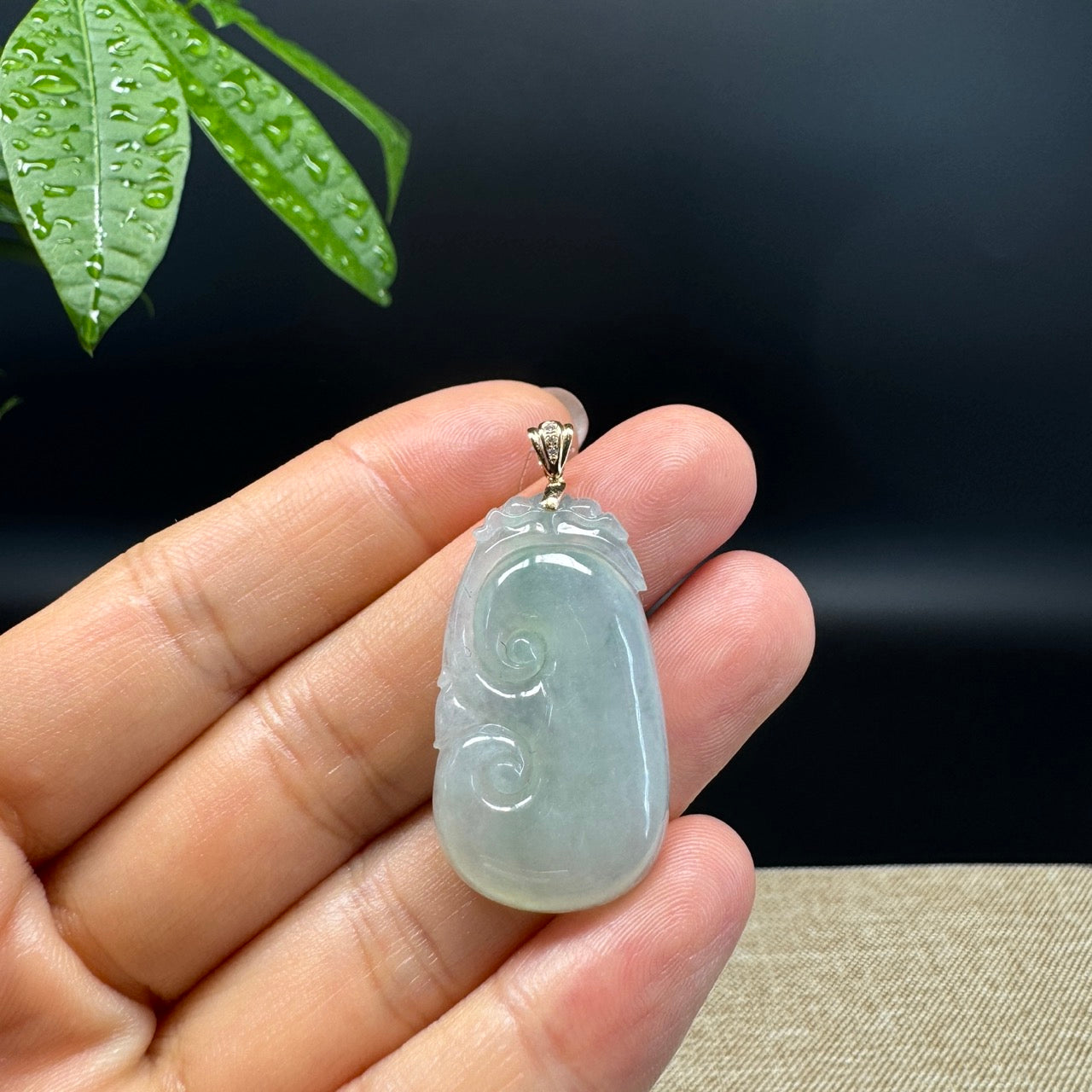 RealJade® Co. Genuine Icy Green Jadeite Jade Good Luck RuYi Necklace With 18K Yellow Gold Bail