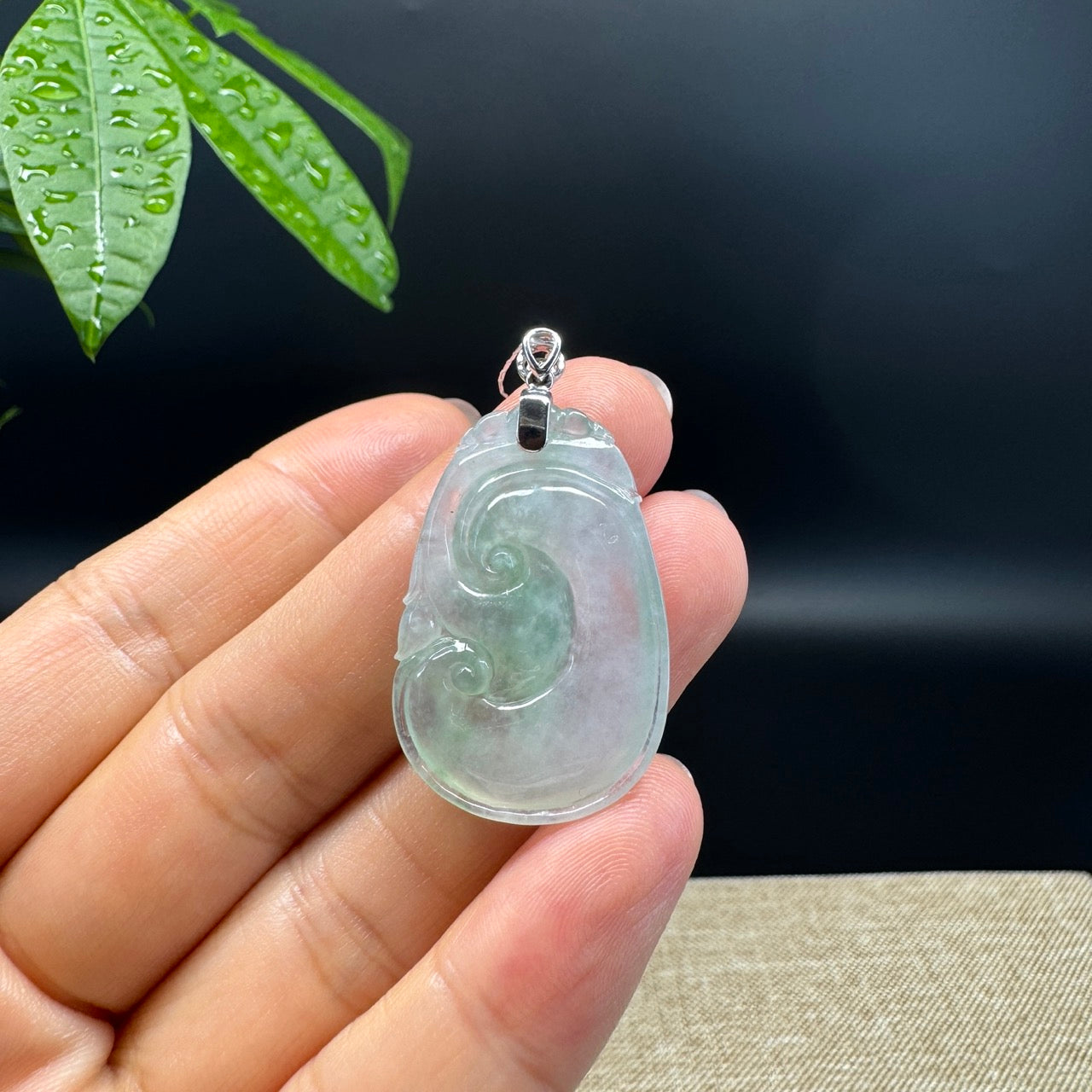 RealJade® Co. Genuine Icy Green Jadeite Jade Good Luck RuYi Necklace With 18K  White Gold Bail