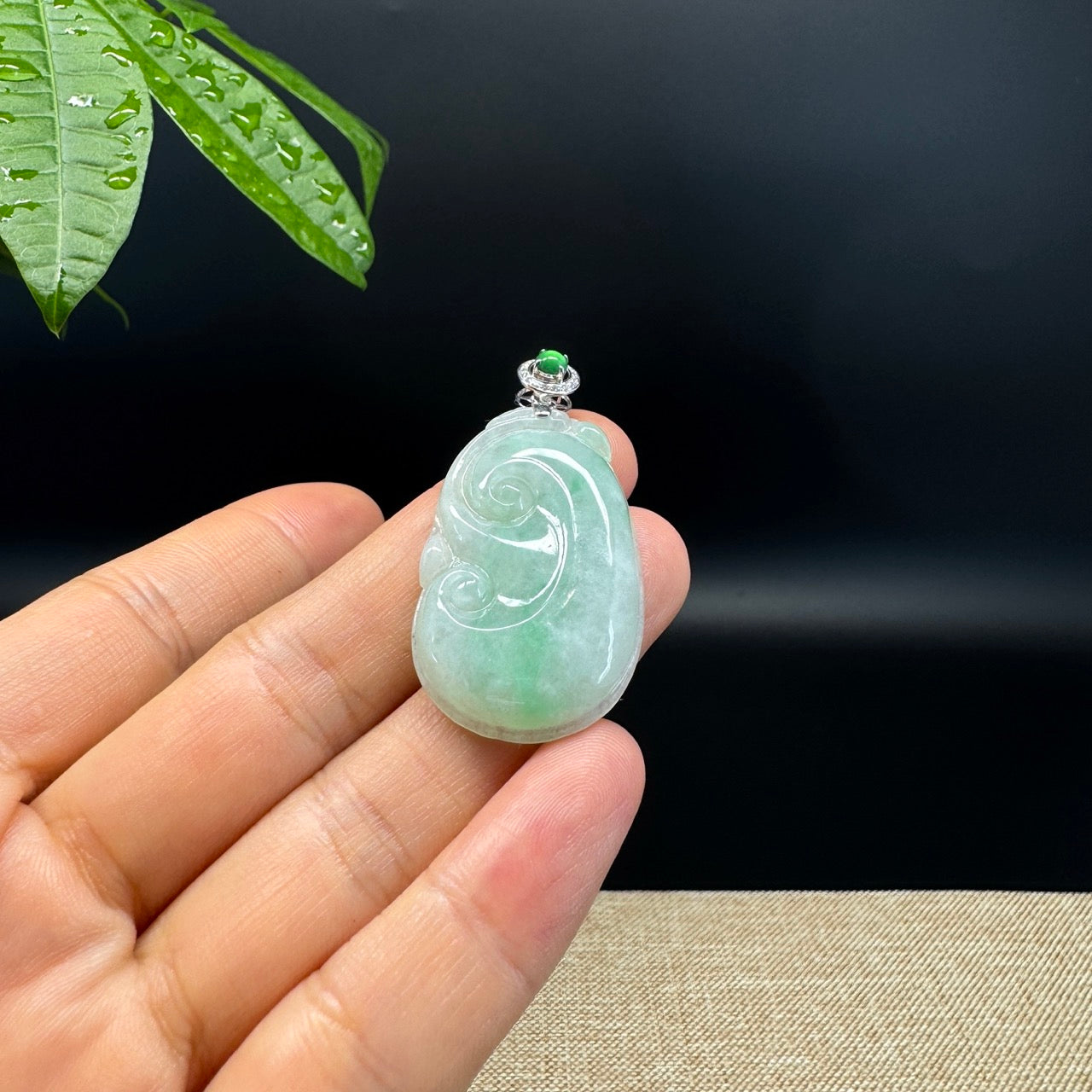 RealJade® Co. Genuine Green Jadeite Jade Good Luck RuYi Necklace With 18K  White Gold Bail