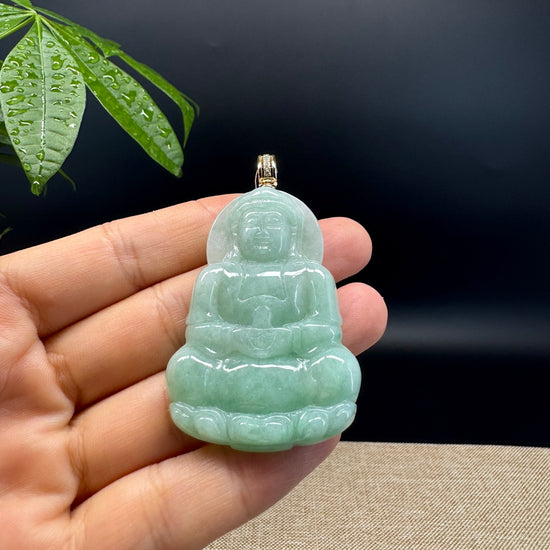 14K Yellow Gold  Burnese Green Jadeite Jade Guanyin Pendant with Diamond