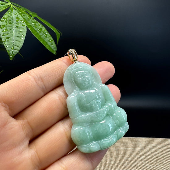 14K Yellow Gold  Burnese Green Jadeite Jade Guanyin Pendant with Diamond