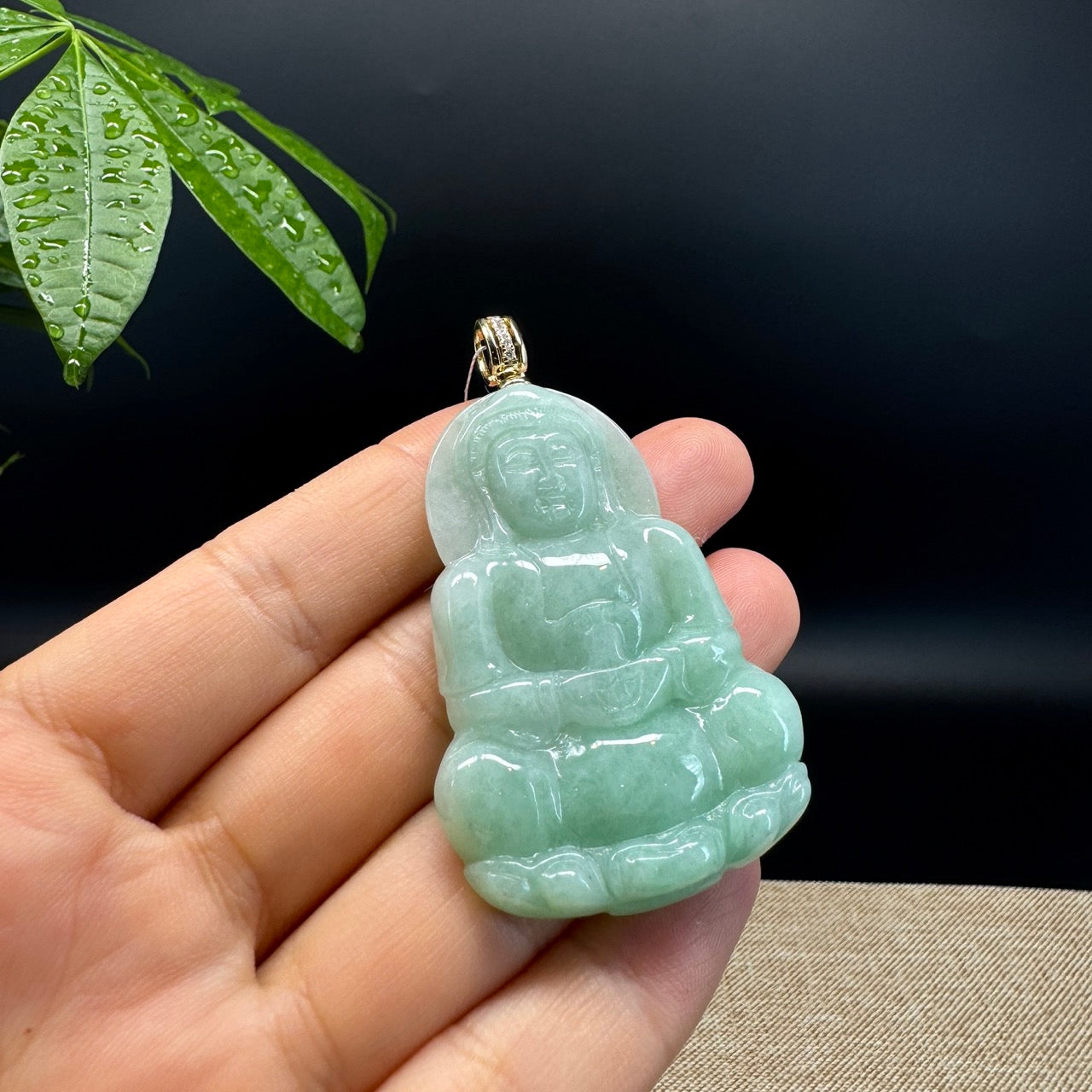 14K Yellow Gold  Burnese Green Jadeite Jade Guanyin Pendant with Diamond