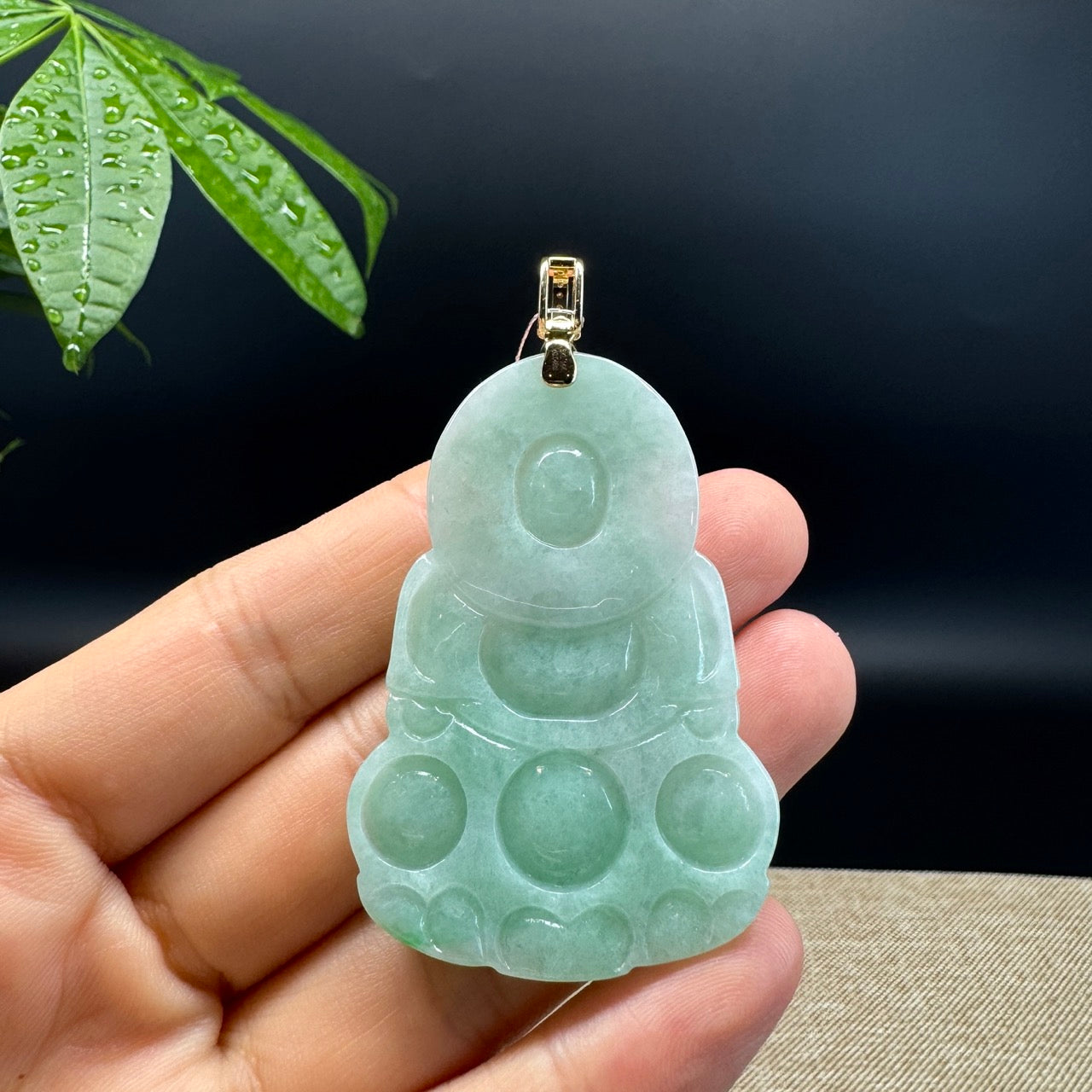 14K Yellow Gold  Burnese Green Jadeite Jade Guanyin Pendant with Diamond