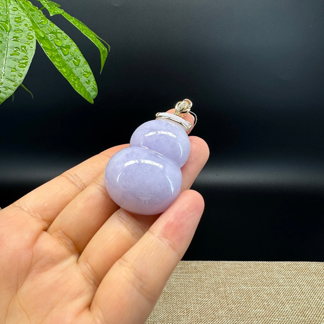 RealJade® Co. Genuine Lavender Jadeite Jade Good Luck Hulu Bottle Gourd Necklace With 18K Yellow Gold Bail