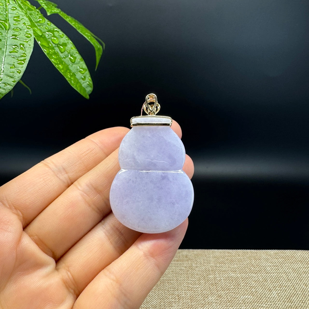 RealJade® Co. Genuine Lavender Jadeite Jade Good Luck Hulu Bottle Gourd Necklace With 18K Yellow Gold Bail