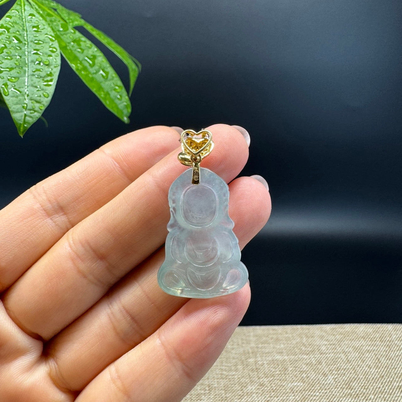 High-end 18K Yellow Gold Burmese Icy Jadeite Jade Happy Baby Buddha Pendant