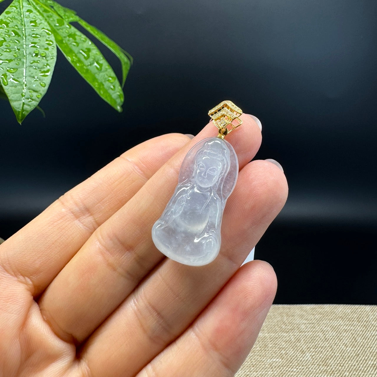 High-end 18KYellow Gold Burmese Icy Jadeite Jade Guanyin Pendant with Diamond