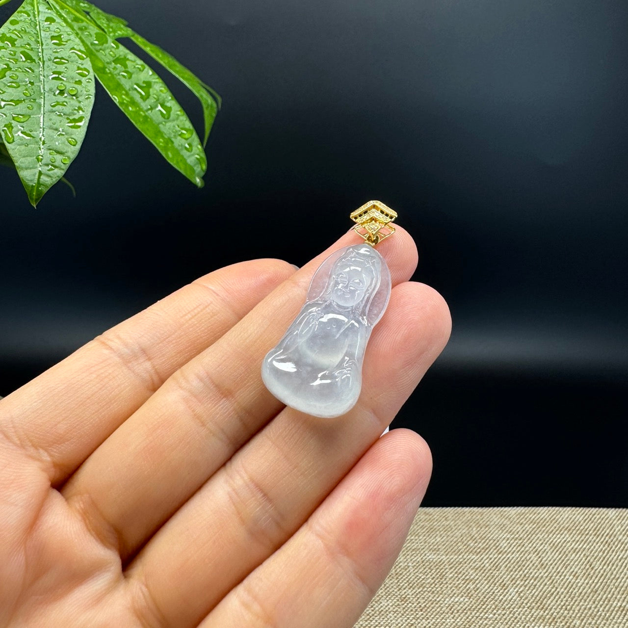 High-end 18KYellow Gold Burmese Icy Jadeite Jade Guanyin Pendant with Diamond