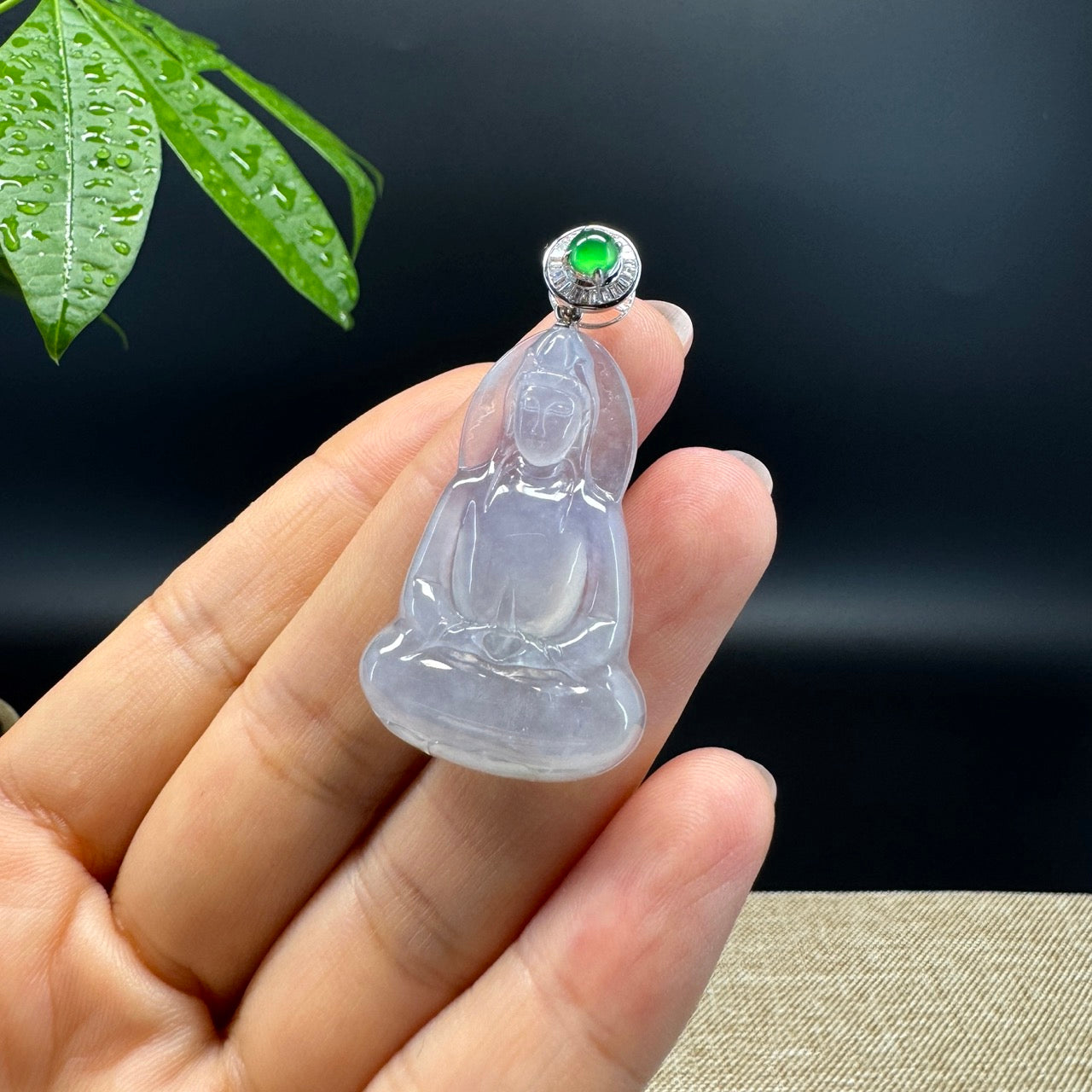 High-end 18K White Gold Burmese Icy Jadeite Jade Guanyin Pendant with Diamond