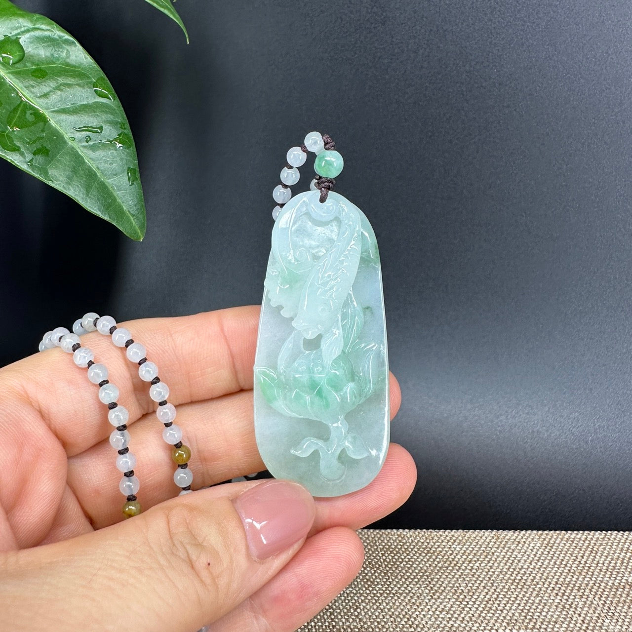 RealJade® Co.  Genuine Burmese Jadeite Jade  Fish and Lotus Pendant Necklace