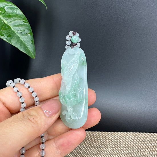 RealJade® Co.  Genuine Burmese Jadeite Jade  Fish and Lotus Pendant Necklace