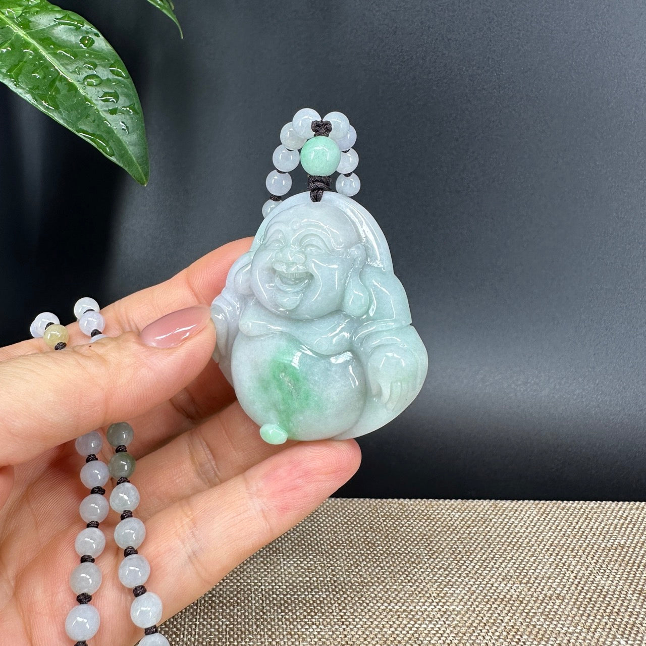 RealJade® Co.  Genuine Burmese Jadeite Jade White Green Happy Buddha  Pendant Necklace