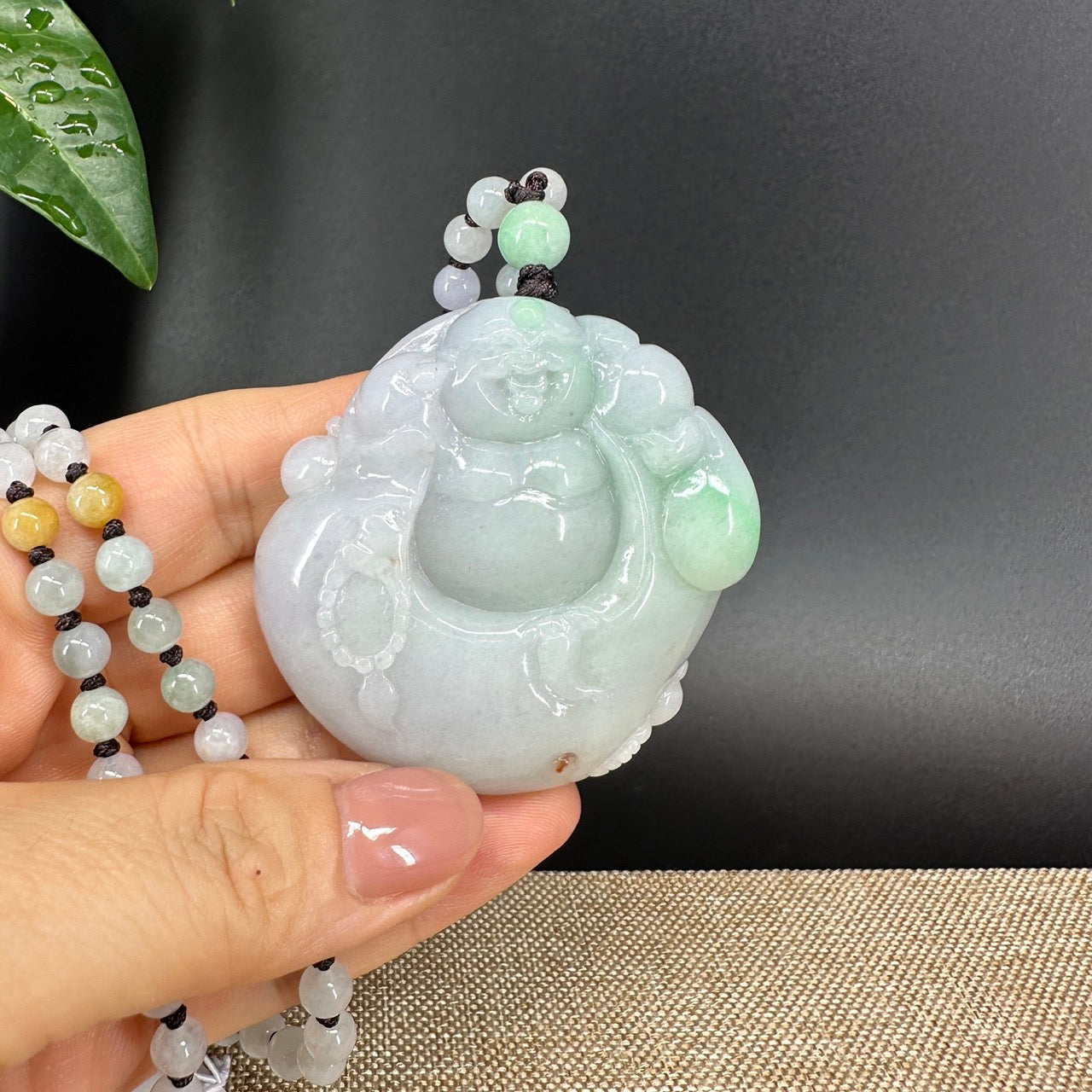 RealJade® Co.  Genuine Burmese Jadeite Jade White Green Happy Buddha  Pendant Necklace