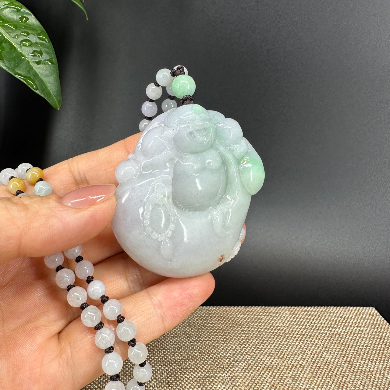 RealJade® Co.  Genuine Burmese Jadeite Jade White Green Happy Buddha  Pendant Necklace