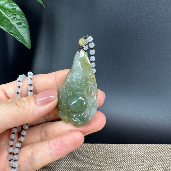 RealJade® Co.  Genuine Burmese Jadeite Jade Yellow Green Happy Buddha  Pendant Necklace