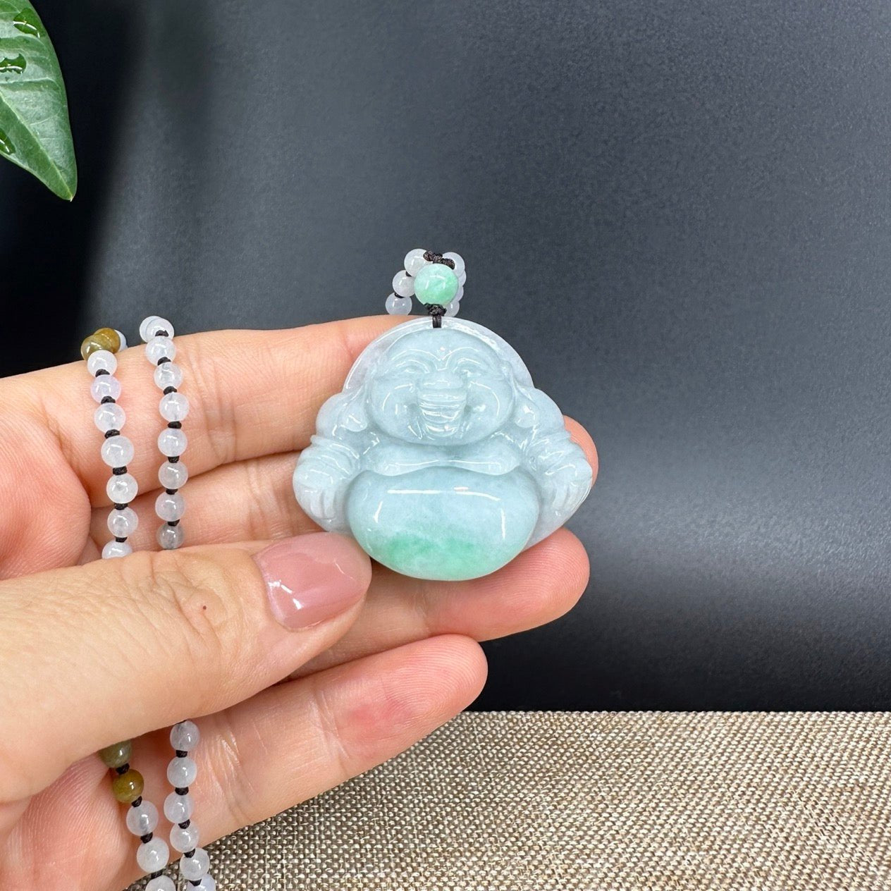 RealJade® Co.  Genuine Burmese Jadeite Jade White Green Happy Buddha Pendant Necklace