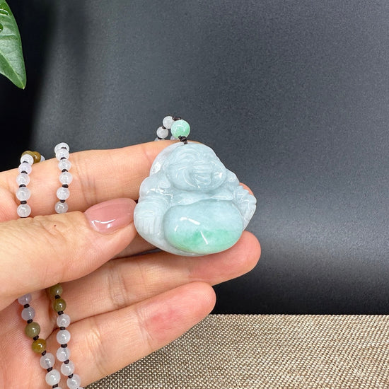 RealJade® Co.  Genuine Burmese Jadeite Jade White Green Happy Buddha Pendant Necklace