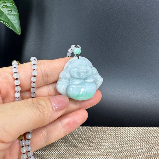 RealJade® Co.  Genuine Burmese Jadeite Jade White Green Happy Buddha Pendant Necklace