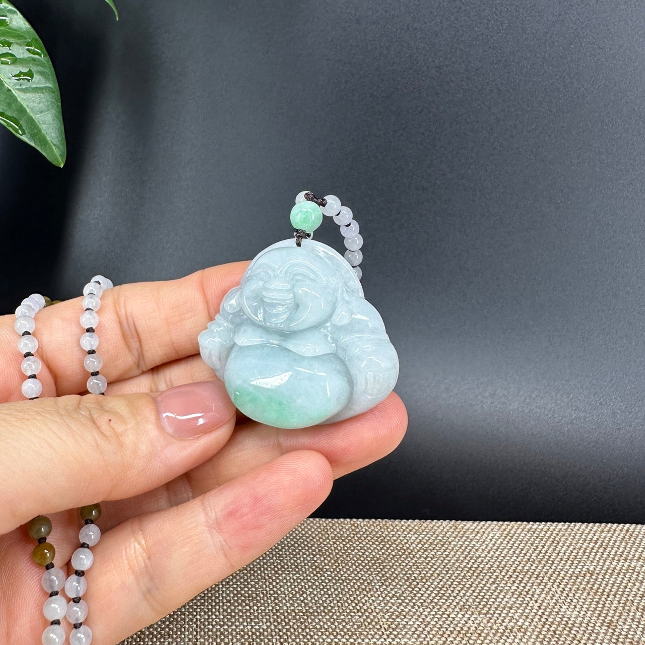 RealJade® Co.  Genuine Burmese Jadeite Jade White Green Happy Buddha Pendant Necklace