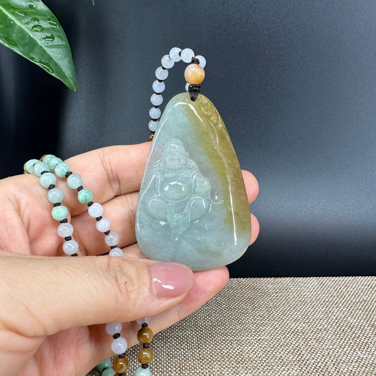 RealJade® Co.  Genuine Burmese Jadeite Jade Yellow Green Happy Buddha Pendant Necklace