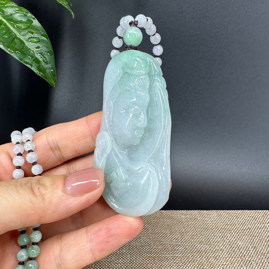 RealJade® Co.  Genuine Burmese Jadeite Jade White Green Guanyin Pendant Necklace