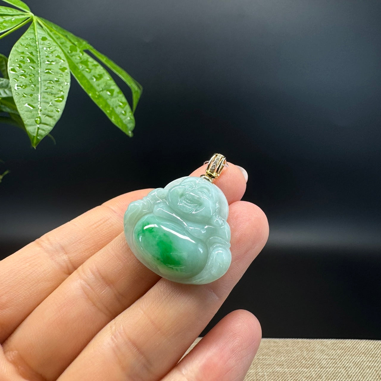 Genuine Burmese Green Jadeite Jade Happy Buddha Pendant with Diamond Bail