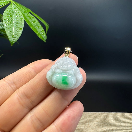 14K Yellow Gold Burmese White Green Jadeite Jade Happy Buddha Pendant