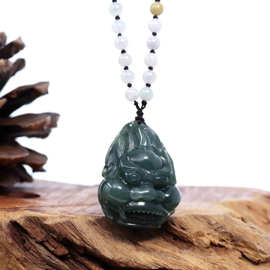 RealJade® Co. "Fu Dog" (Guardian Lion) Natural Blue Green Jadeite Jade Necklace Collectibles