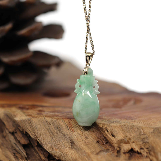 RealJade® Co. Natural Unique Jadeite Jade Lucky Bottle Necklace with 14k Yellow Gold Bail