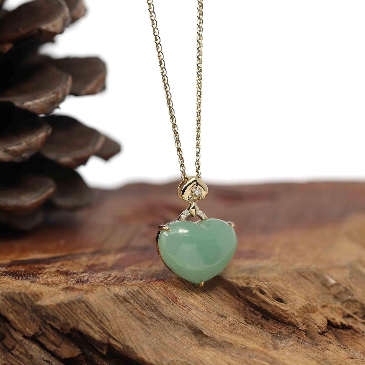 RealJade® Co. RealJade® Co. 14K Yellow Gold Genuine Burmese Green Jadeite Jade Heart Pendant with VS1 Diamonds