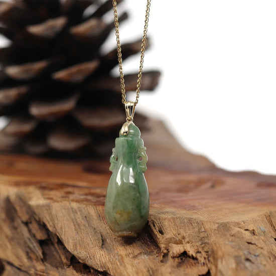 RealJade® Co. Natural Unique Jadeite Jade Lucky Bottle Necklace with 14k Yellow Gold Bail