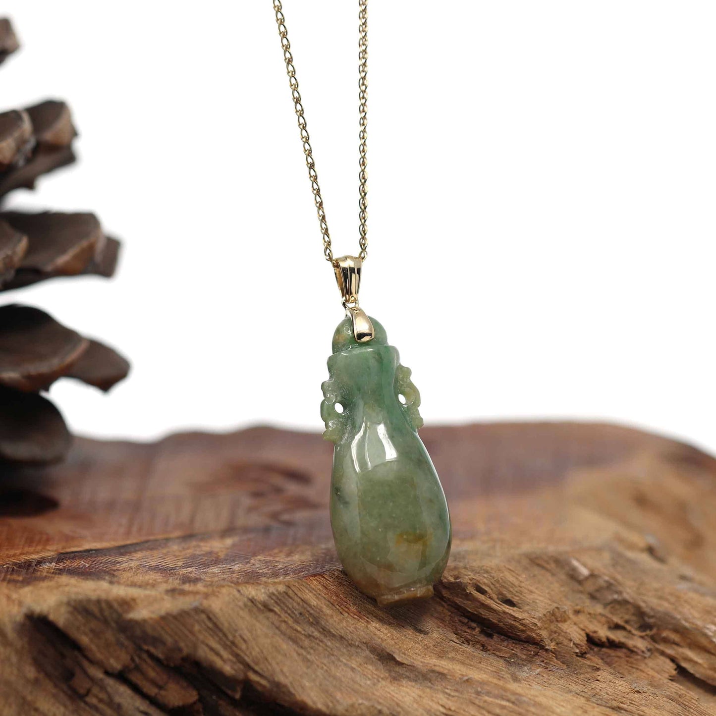 RealJade® Co. Natural Unique Jadeite Jade Lucky Bottle Necklace with 14k Yellow Gold Bail