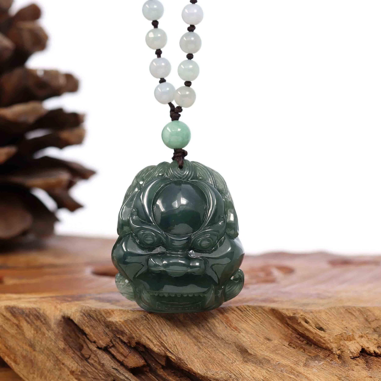 RealJade® Co. "Fu Dog" (Guardian Lion) Natural Blue Green Jadeite Jade Necklace Collectibles