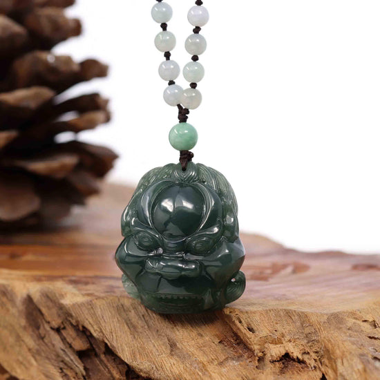 RealJade® Co. "Fu Dog" (Guardian Lion) Natural Blue Green Jadeite Jade Necklace Collectibles