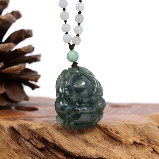 RealJade® Co. "Fu Dog" (Guardian Lion) Natural Blue Green Jadeite Jade Necklace Collectibles