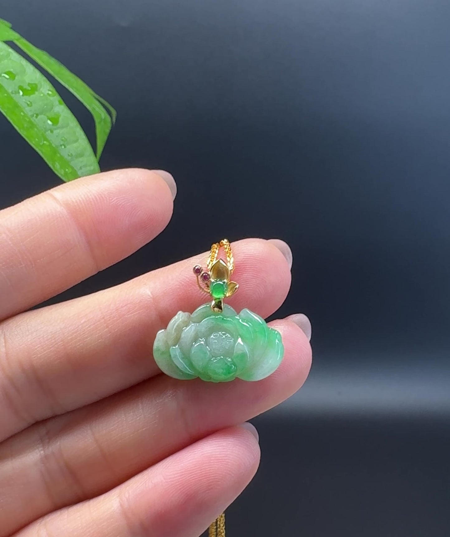 Load and play video in Gallery viewer, RealJade® Co. Genuine Ice Green  Jadeite Jade Good Lotus Necklace With 18K Yellow Gold Bail
