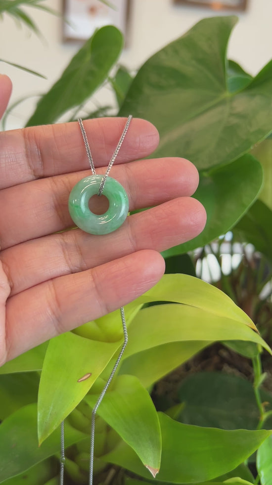 Load and play video in Gallery viewer, RealJade® Co. &amp;quot;Good Luck Button&amp;quot; Necklace Green Jadeite Jade Pendant
