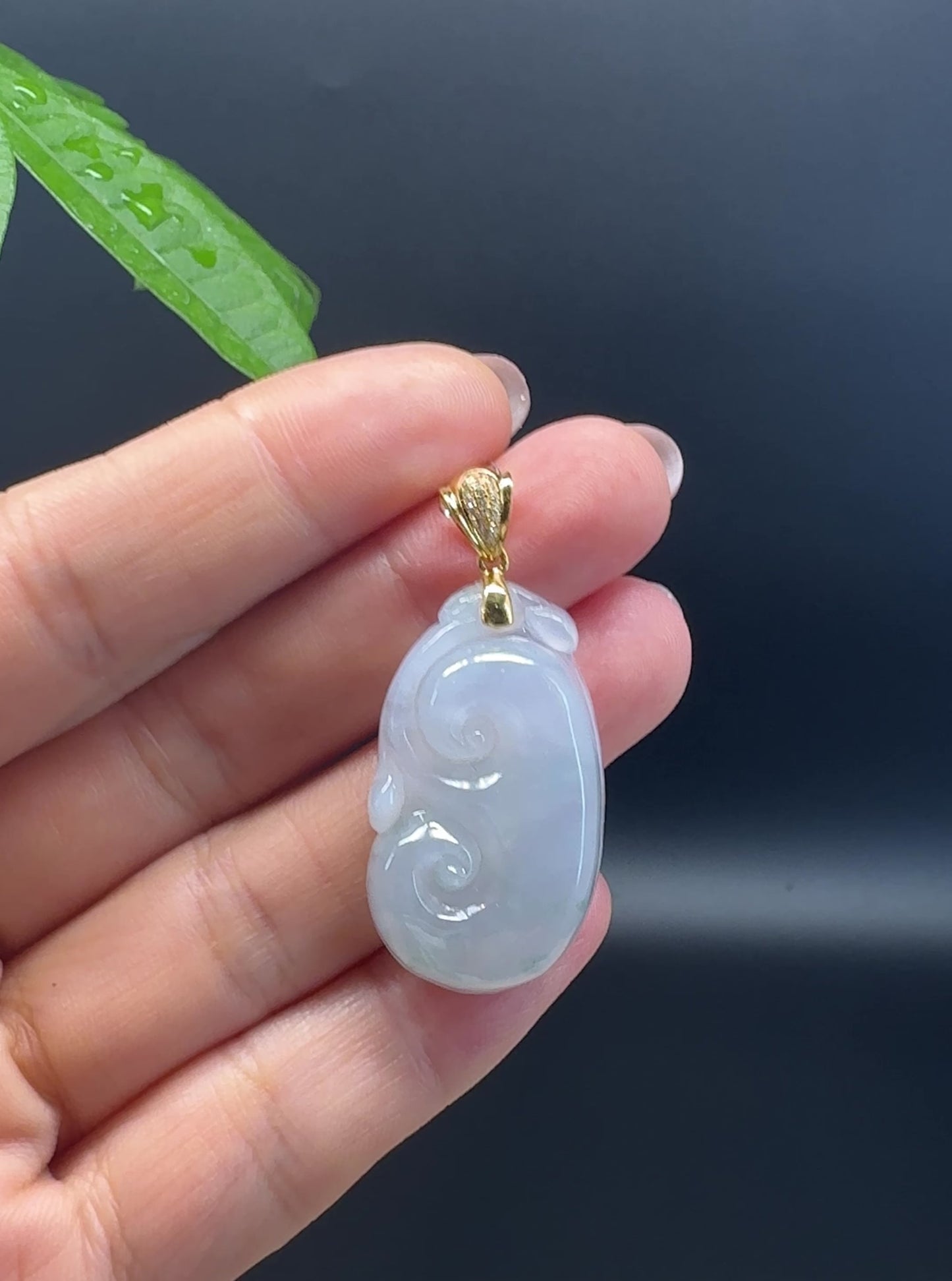 Load and play video in Gallery viewer, RealJade® Co. Genuine Icy green Jadeite Jade Good Luck RuYi Necklace With 18K Yellow Gold Bail
