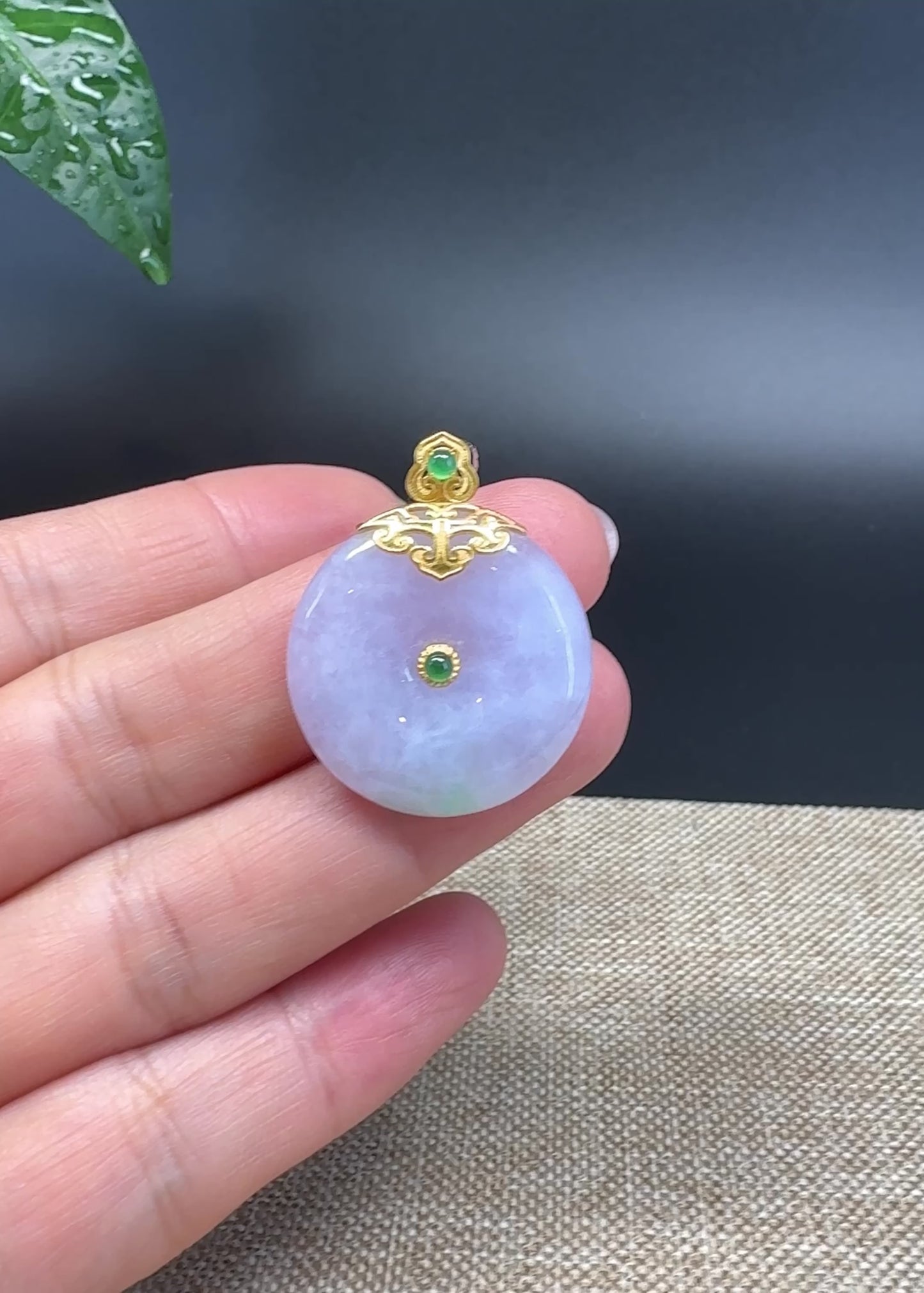 Load and play video in Gallery viewer, &amp;quot;Good Luck Button&amp;quot;Lavender Green Jadeite Jade Lucky KouKou Pendant With 18K Yellow Gold  Bail
