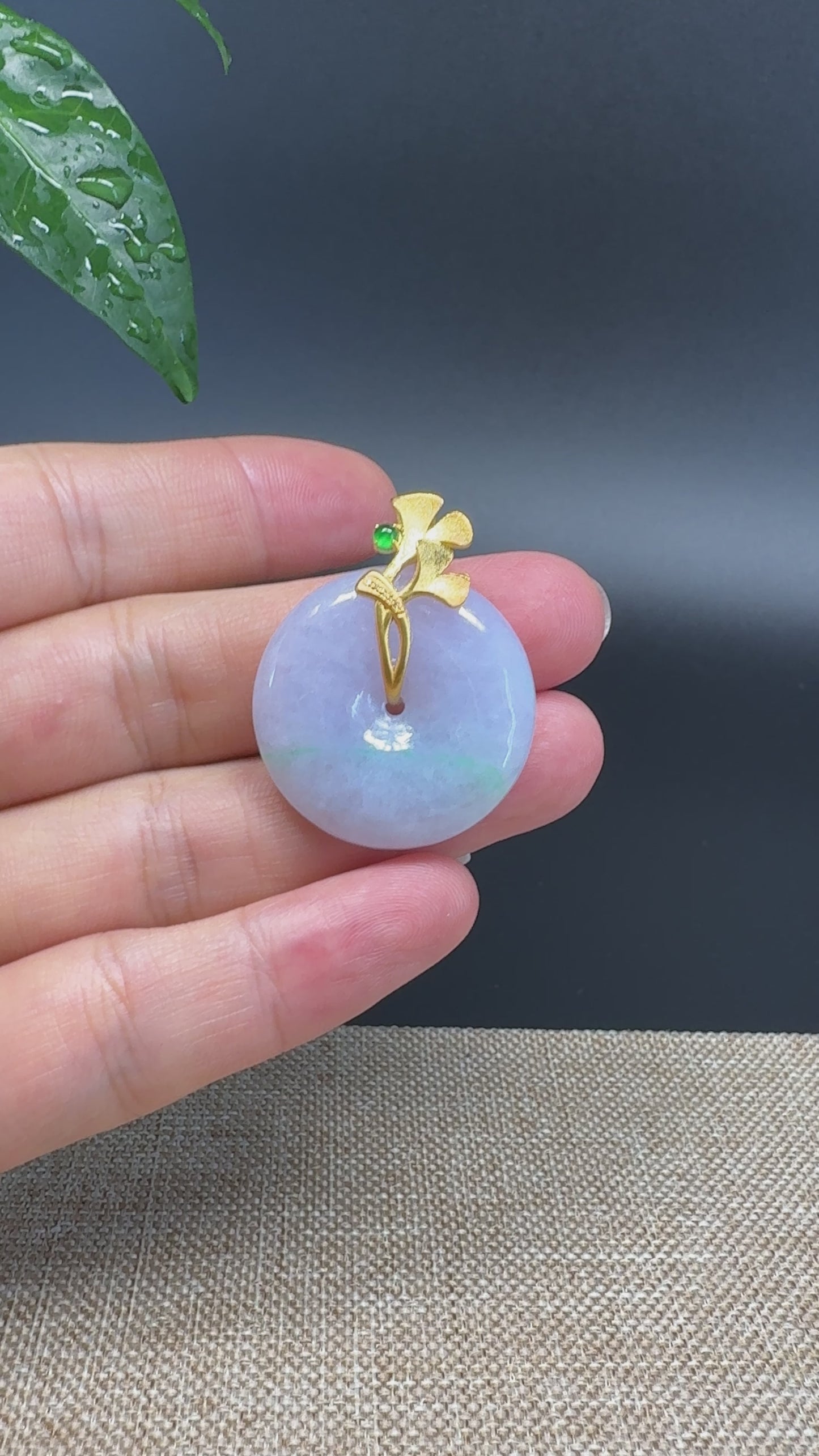 Load and play video in Gallery viewer, &amp;quot;Good Luck Button&amp;quot; Lavender Jadeite Jade Lucky KouKou Pendant With 18K Yellow Gold Bail
