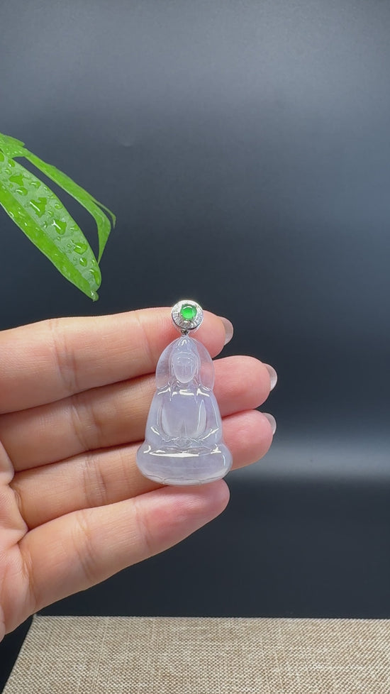 Load and play video in Gallery viewer, High-end 18K White Gold Burmese Icy Jadeite Jade Guanyin Pendant with Diamond
