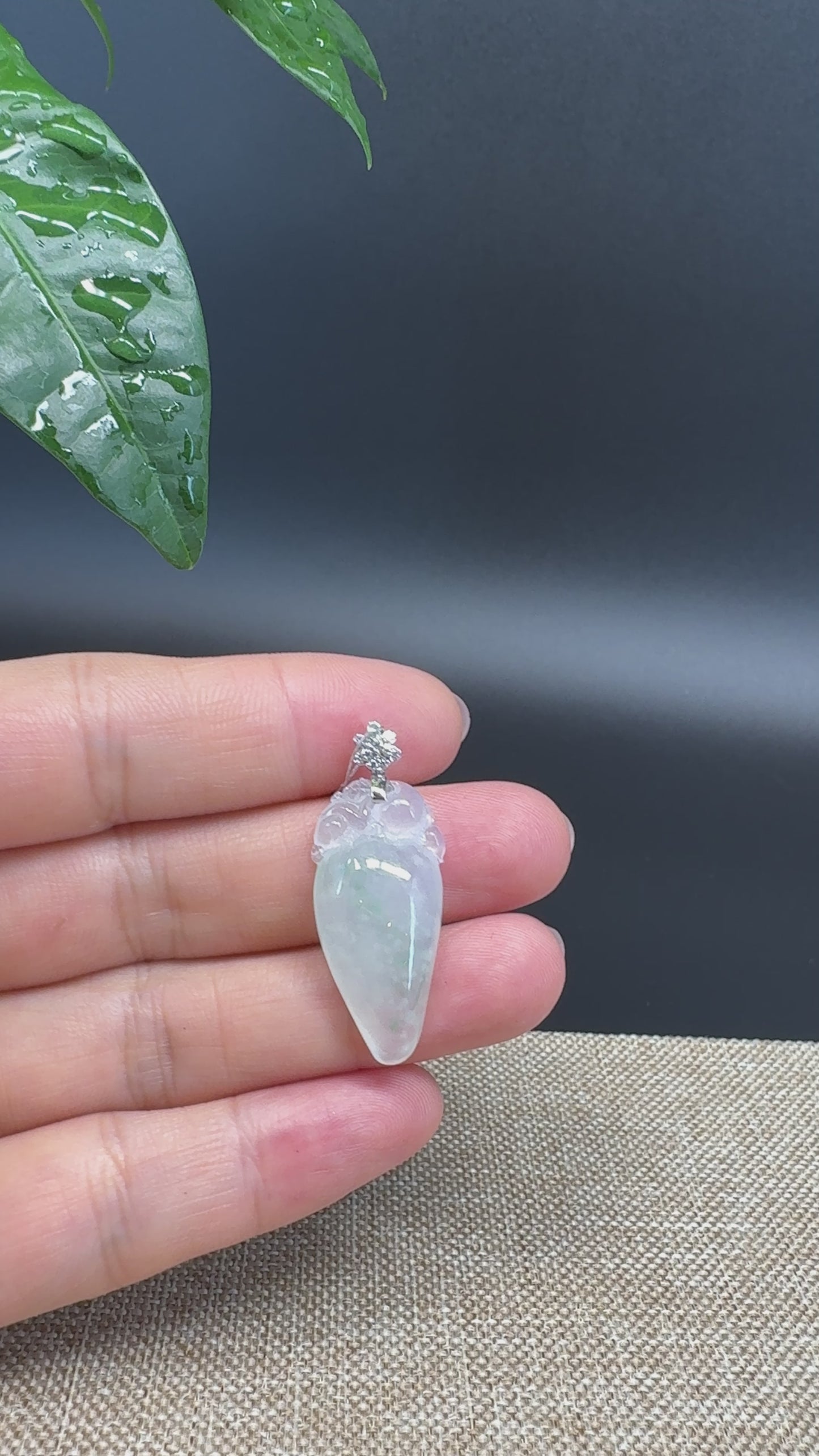 Load and play video in Gallery viewer, &amp;quot;Good Luck Button&amp;quot; Icy Green Jadeite Jade Shou Tao Pendant With 18K White Gold Bail
