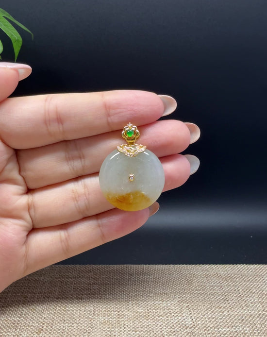 Load and play video in Gallery viewer, &amp;quot;Good Luck Button&amp;quot;Yellow Jadeite Jade Lucky KouKou Pendant With 18K Yellow Gold Bail
